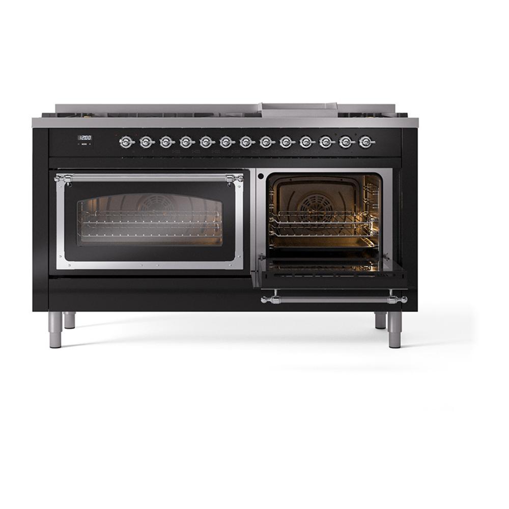 ILVE UN60FNMPBKCLP Nostalgie II Noblesse 60 inch Dual Fuel Range (9 Sealed Burners + Griddle, Liquid Propane, Triple Glass Door, Glossy Black, Chrome)