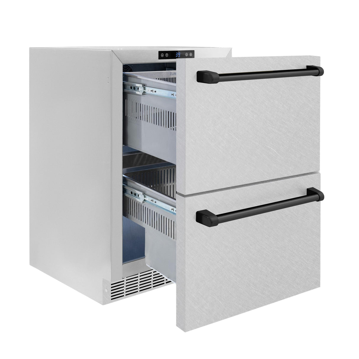 ZLINE Autograph Edition 24 in. Touchstone 168 Can Outdoor-Rated Dual Refrigerator Drawer with DuraSnow' Stainless Steel Doors and Matte Black Handles (RDSOZ-SN-24-MB)