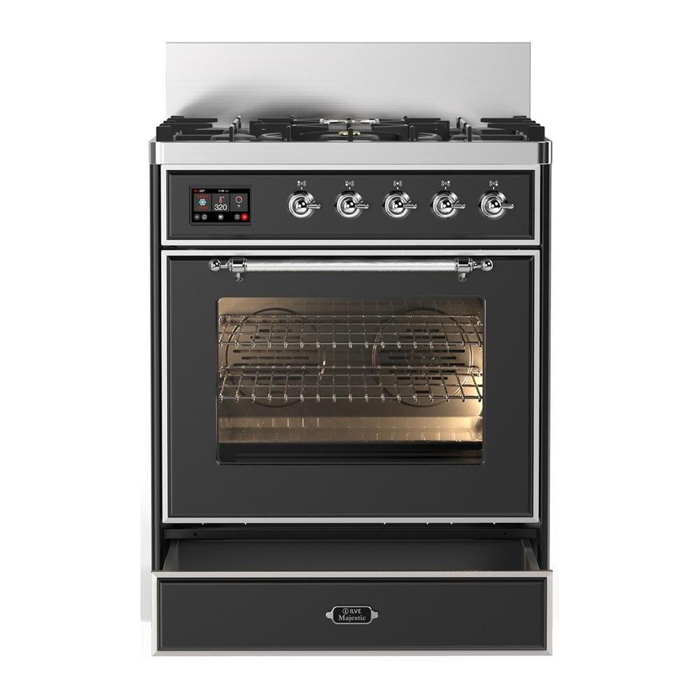 ILVE UM30NR3MGCLP Majestic III 30 inch Dual Fuel Range with 5 Black Brass Burners, Dual Function Burner up to 25,000 BTU (Liquid Propane, Triple Glass Door, Graphite Matte, Chrome)