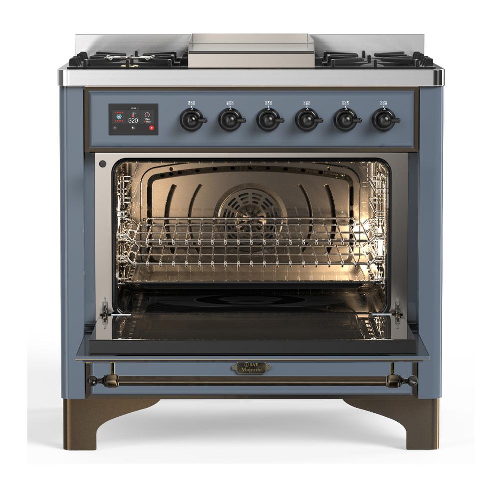 ILVE UM36FNR3BGB Majestic III 36 inch Dual Fuel Range with 6 Black Brass Burners and Griddle, Dual Function Burner up to 25,000 BTU (Triple Glass Door, Blue Grey, Burnished, Natural Gas)