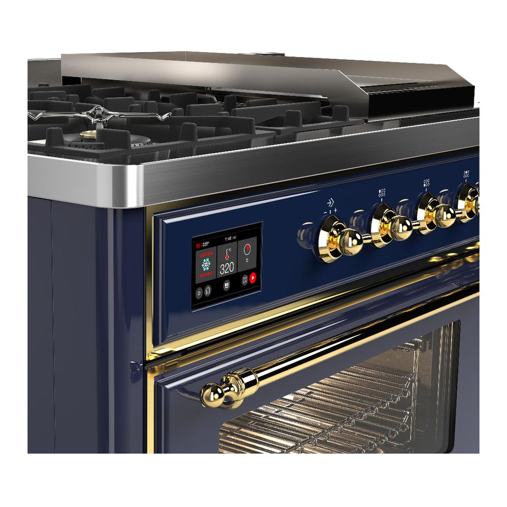 ILVE UM48FSNR3MBGLP Majestic III 48 inch Dual Fuel Range with 5 Black Brass Burners, Griddle and French Top, Dual Function Burner up to 25,000 BTU (Liquid Propane, Triple Glass Door, Midnight Blue, Brass)