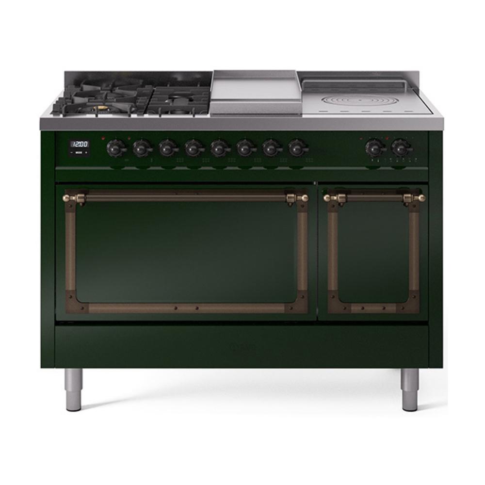 ILVE UN48FSQNMPEGB Nostalgie II Noblesse 48 inch Dual Fuel Range (5 Sealed Burners + Griddle + French Top, Natural Gas, Solid Door, Emerald Green, Burnished)