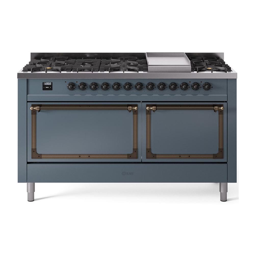 ILVE UN60FQNMPBGBLP Nostalgie II Noblesse 60 inch Dual Fuel Range (9 Sealed Burners + Griddle, Liquid Propane, Solid Door, Blue Grey, Burnished)