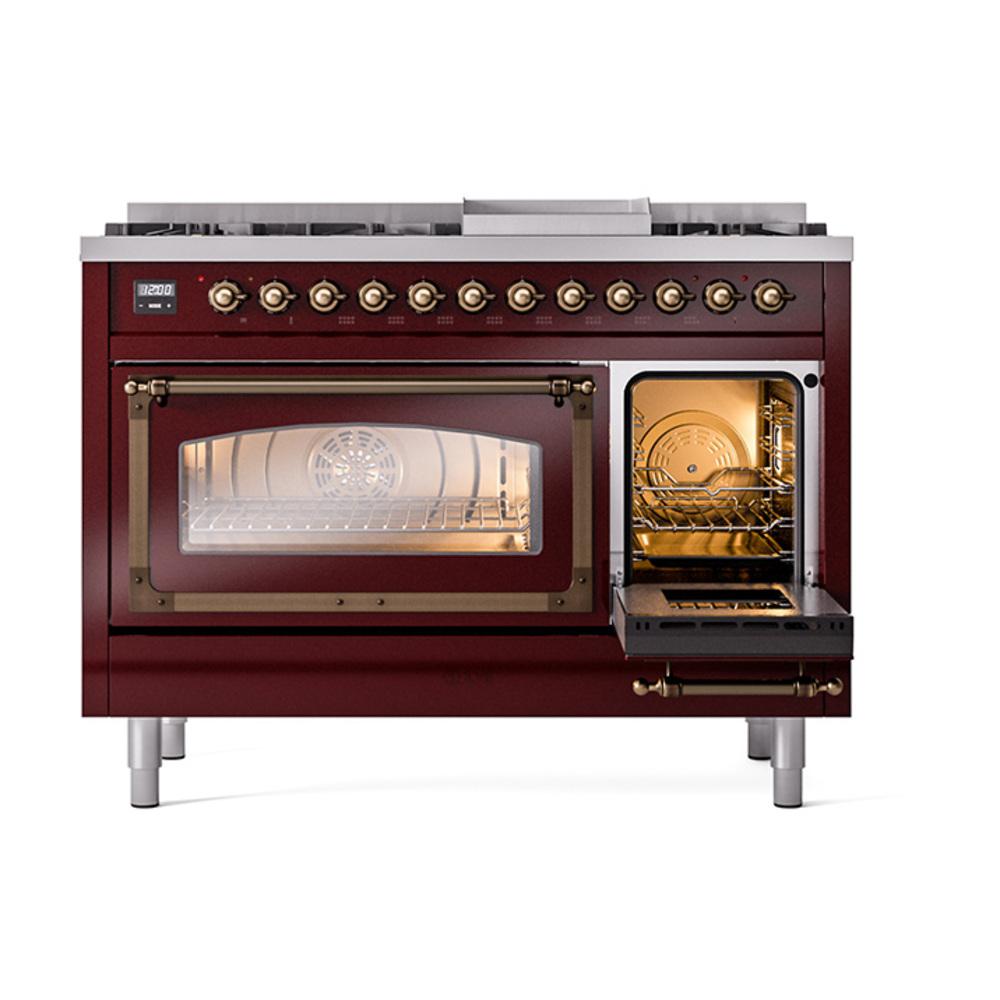 ILVE UN48FNMPBUB Nostalgie II Noblesse 48 inch Dual Fuel Range (8 Sealed Burners + Griddle, Natural Gas, Triple Glass Door, Burgundy, Burnished)