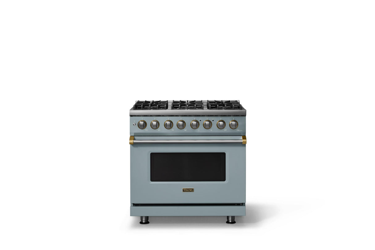 36"W. Dual Fuel Range (Burner: 6b, Finish: November Sky, Trim: Brushed Brass, Fuel: Natural Gas)