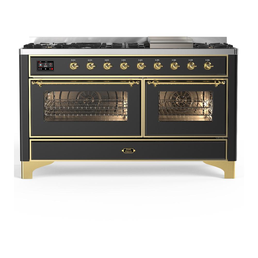 ILVE UM60FNR3MGG Majestic III 60 inch Dual Fuel Range with 9 Burners and Griddle, Dual Function Burner up to 25,000 BTU (Natural Gas, Triple Glass Door, Graphite Matte, Brass)