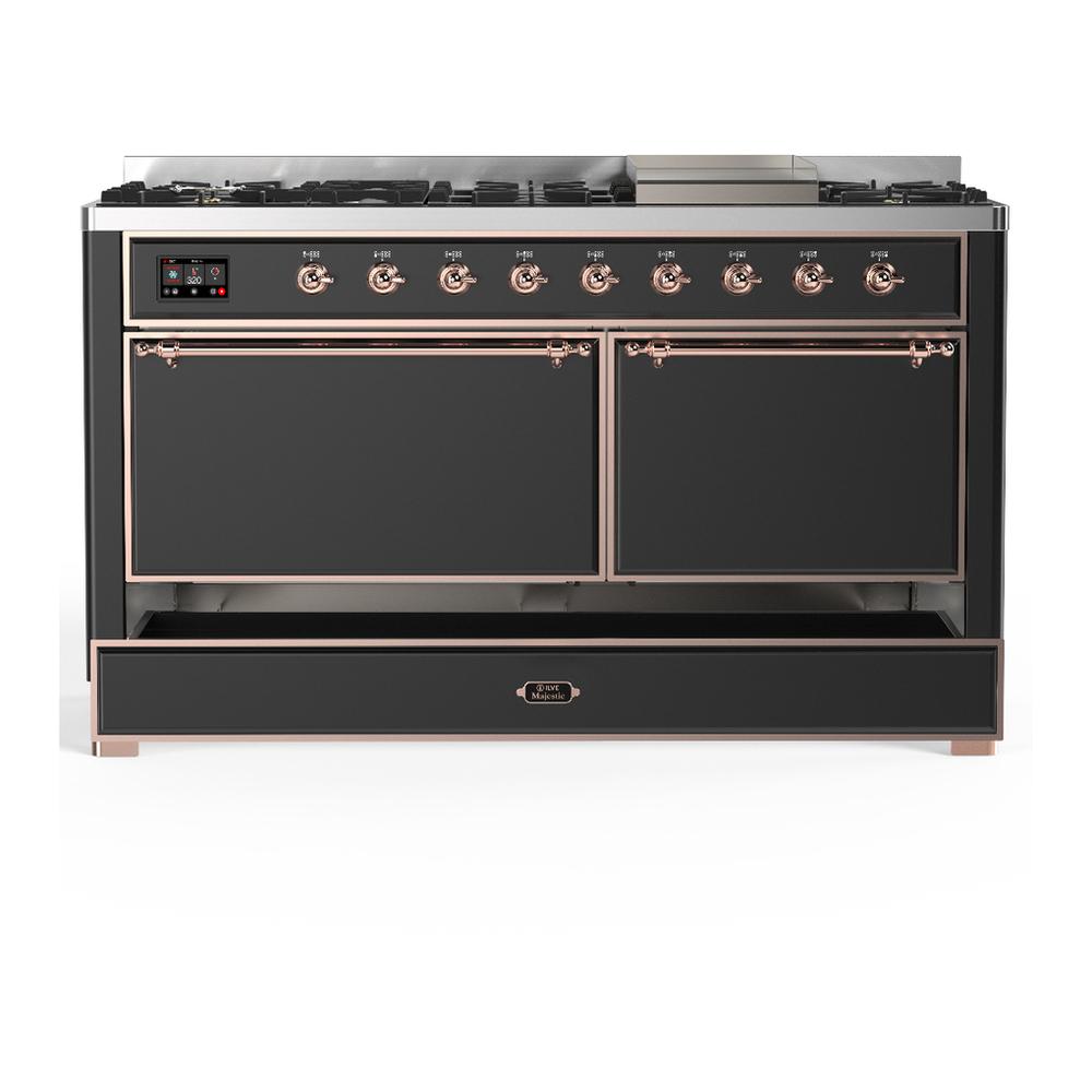 ILVE UM60FQNR3MGP Majestic III 60 inch Dual Fuel Range with 9 Burners and Griddle, Dual Function Burner up to 25,000 BTU (Natural Gas, Solid Door, Graphite Matte, Copper)