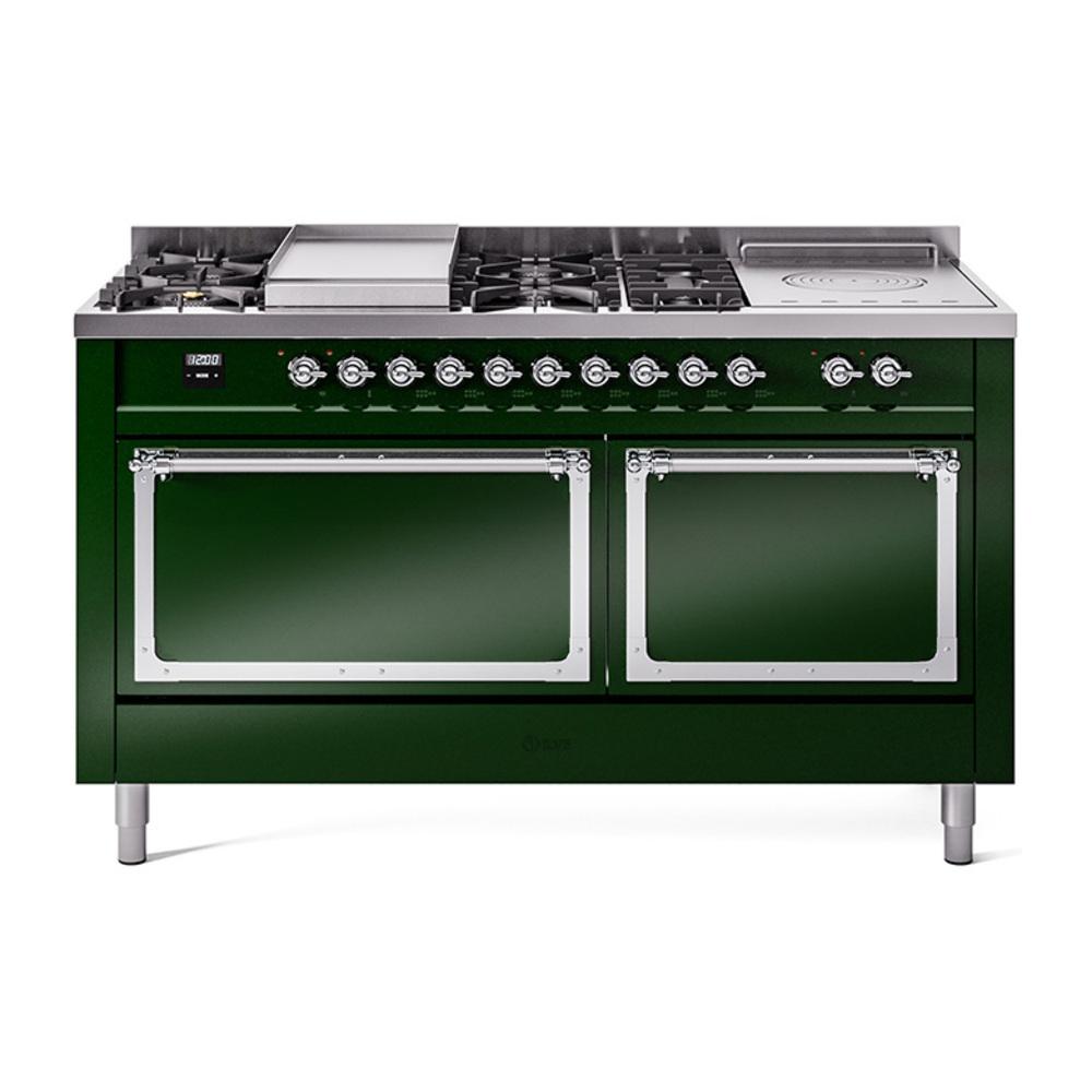 ILVE UN60FSQNMPEGCLP Nostalgie II Noblesse 60 inch Dual Fuel Range (7 Sealed Burners + Griddle + French Top, Liquid Propane, Solid Door, Emerald Green, Chrome)