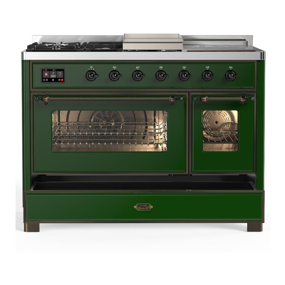 ILVE UM48FSNR3EGBLP Majestic III 48 inch Dual Fuel Range with 5 Black Brass Burners, Griddle and French Top, Dual Function Burner up to 25,000 BTU (Liquid Propane, Triple Glass Door, Emerald Green, Burnished)