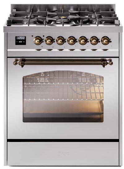 Nostalgie II 30 Inch Dual Fuel Liquid Propane Freestanding Range in Stainless Steel with Bronze Trim