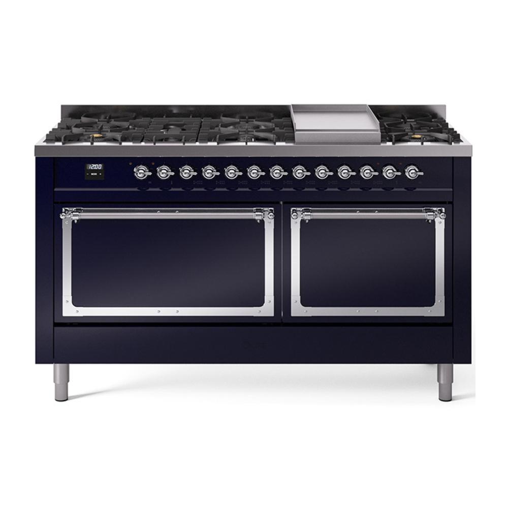 ILVE UN60FQNMPMBC Nostalgie II Noblesse 60 inch Dual Fuel Range (9 Sealed Burners + Griddle, Natural Gas, Solid Door, Midnight Blue, Chrome)