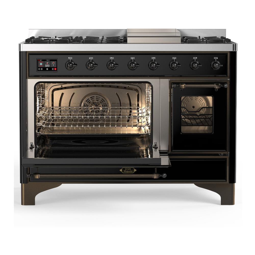 ILVE UM48FNR3BKB Majestic III 48 inch Dual Fuel Range with 8 Burners and Griddle, Dual Function Burner up to 25,000 BTU (Natural Gas, Triple Glass Door, Glossy Black, Burnished)