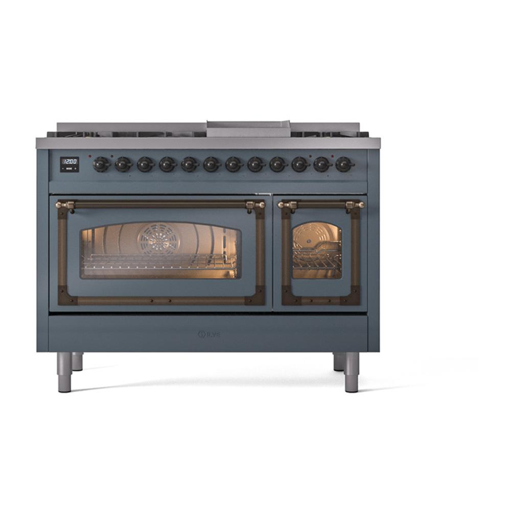 ILVE UN48FNMPBGBLP Nostalgie II Noblesse 48 inch Dual Fuel Range (8 Sealed Burners + Griddle, Liquid Propane, Triple Glass Door, Blue Grey, Burnished)
