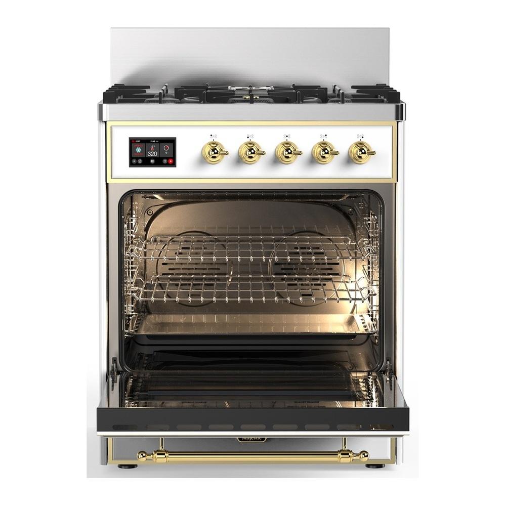 ILVE UM30QNR3RAGLP Majestic III 30 inch Dual Fuel Range with 5 Black Brass Burners, Dual Function Burner up to 25,000 BTU (Liquid Propane, Solid Door, RAL, Brass)