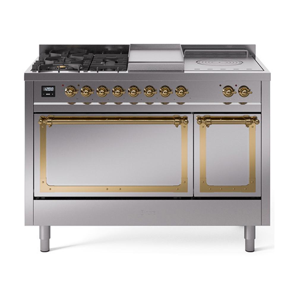 ILVE UN48FSQNMPSSG Nostalgie II Noblesse 48 inch Dual Fuel Range (5 Sealed Burners + Griddle + French Top, Natural Gas, Solid Door, Stainless Steel, Brass)