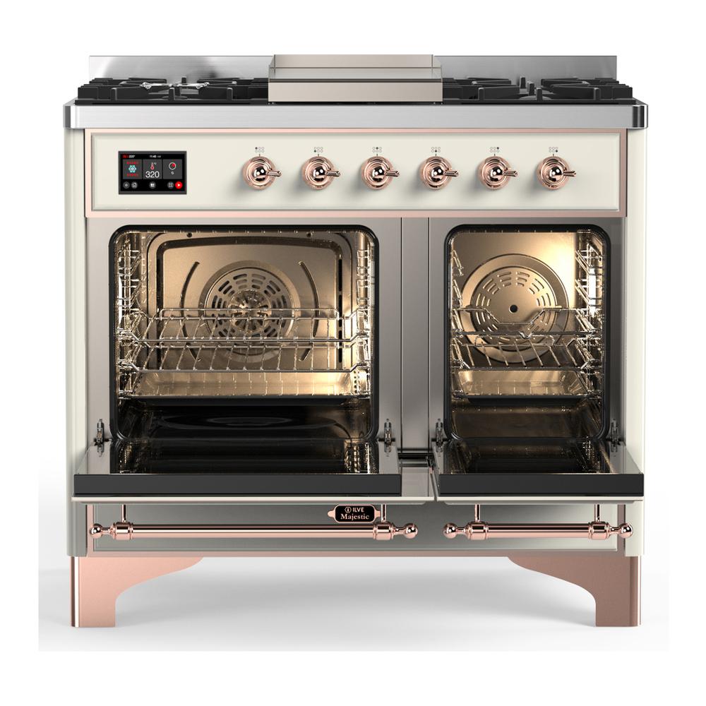 ILVE UMD40FNR3AWPLP Majestic III 40 inch Dual Fuel Range with 6 Burners and Griddle, Dual Function Burner up to 25,000 BTU (Liquid Propane, Triple Glass Door, Antique White, Copper)
