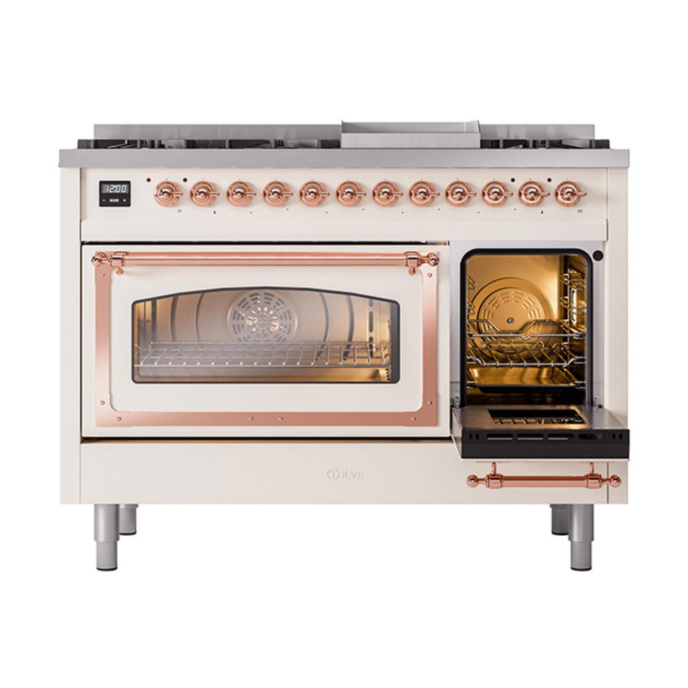 ILVE UN48FNMPAWPLP Nostalgie II Noblesse 48 inch Dual Fuel Range (8 Sealed Burners + Griddle, Liquid Propane, Triple Glass Door, Antique White, Copper)