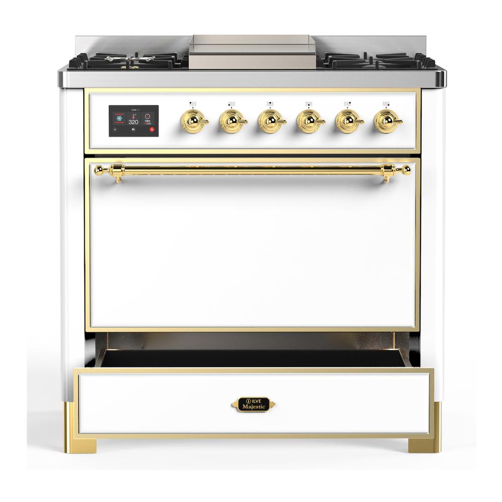 ILVE UM36FQNR3WHG Majestic III 36 inch Dual Fuel Range with 6 Black Brass Burners and Griddle, Dual Function Burner up to 25,000 BTU (Solid Door, White, Brass, Natural Gas)