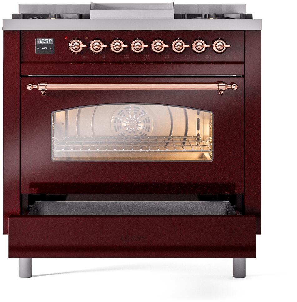 Nostalgie II 36 Inch Dual Fuel Natural Gas Freestanding Range in Burgundy with Copper Trim