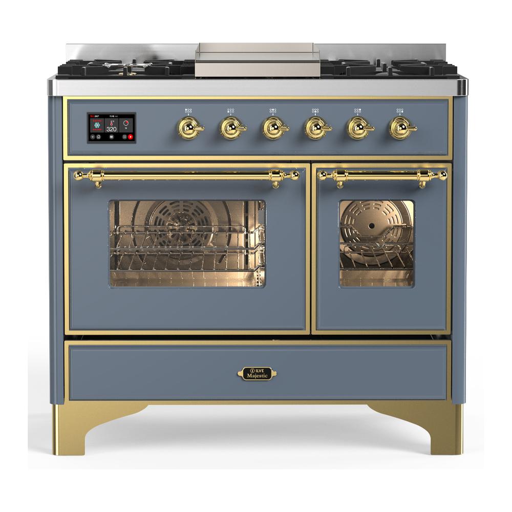 ILVE UMD40FNR3BGG Majestic III 40 inch Dual Fuel Range with 6 Burners and Griddle, Dual Function Burner up to 25,000 BTU (Natural Gas, Triple Glass Door, Blue Grey, Brass)