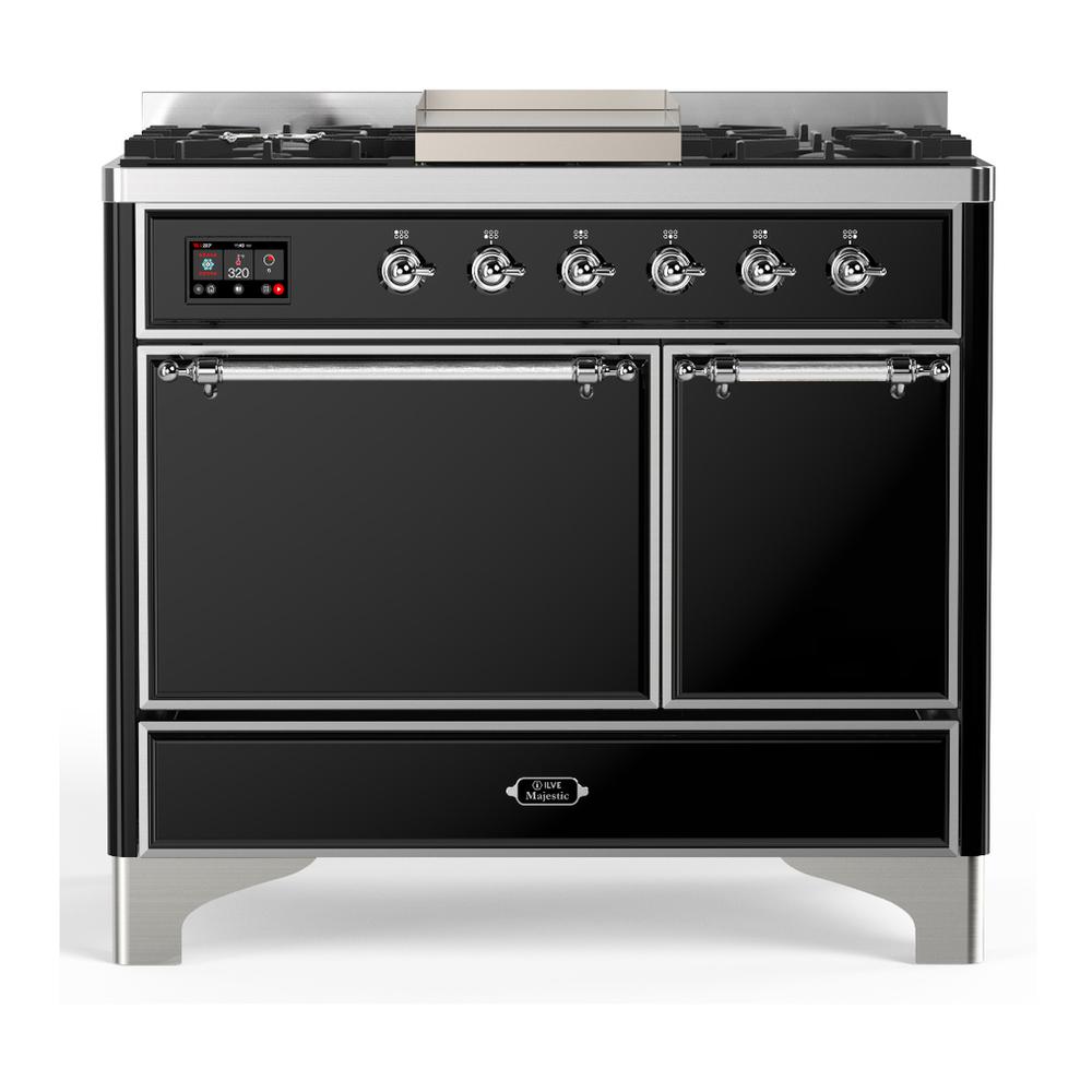 ILVE UMD40FQNR3BKC Majestic III 40 inch Dual Fuel Range with 6 Burners and Griddle, Dual Function Burner up to 25,000 BTU (Natural Gas, Solid Door, Glossy Black, Chrome)