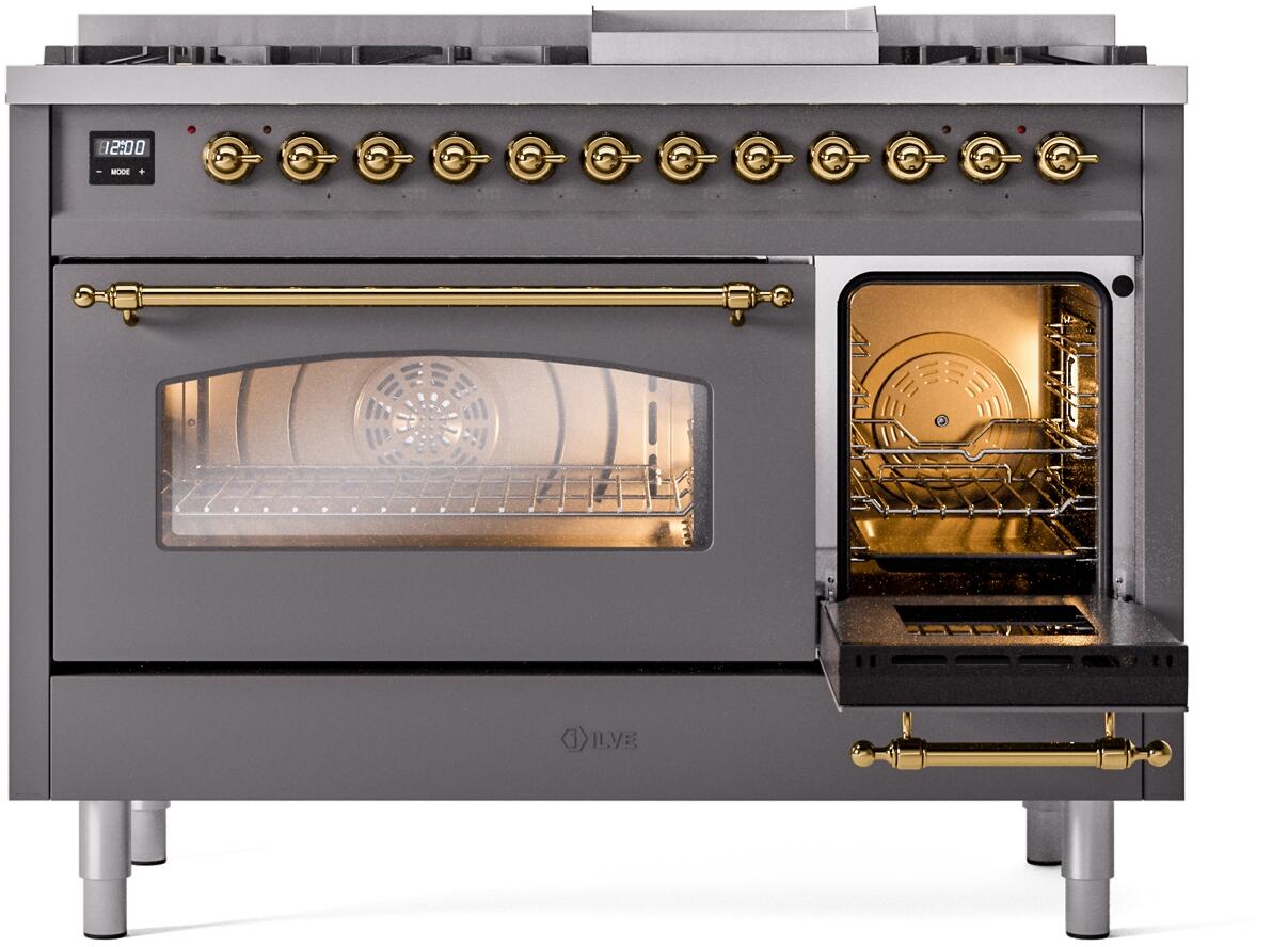 Nostalgie II 48 Inch Dual Fuel Liquid Propane Freestanding Range in Matte Graphite with Brass Trim
