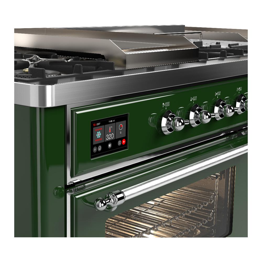 ILVE UM60FSNR3EGCLP Majestic III 60 inch Dual Fuel Range with 7 Burners, Griddle and French Top, Dual Function Burner with up to 25,000 BTU (Liquid Propane, Triple Glass Door, Emerald Green, Chrome)