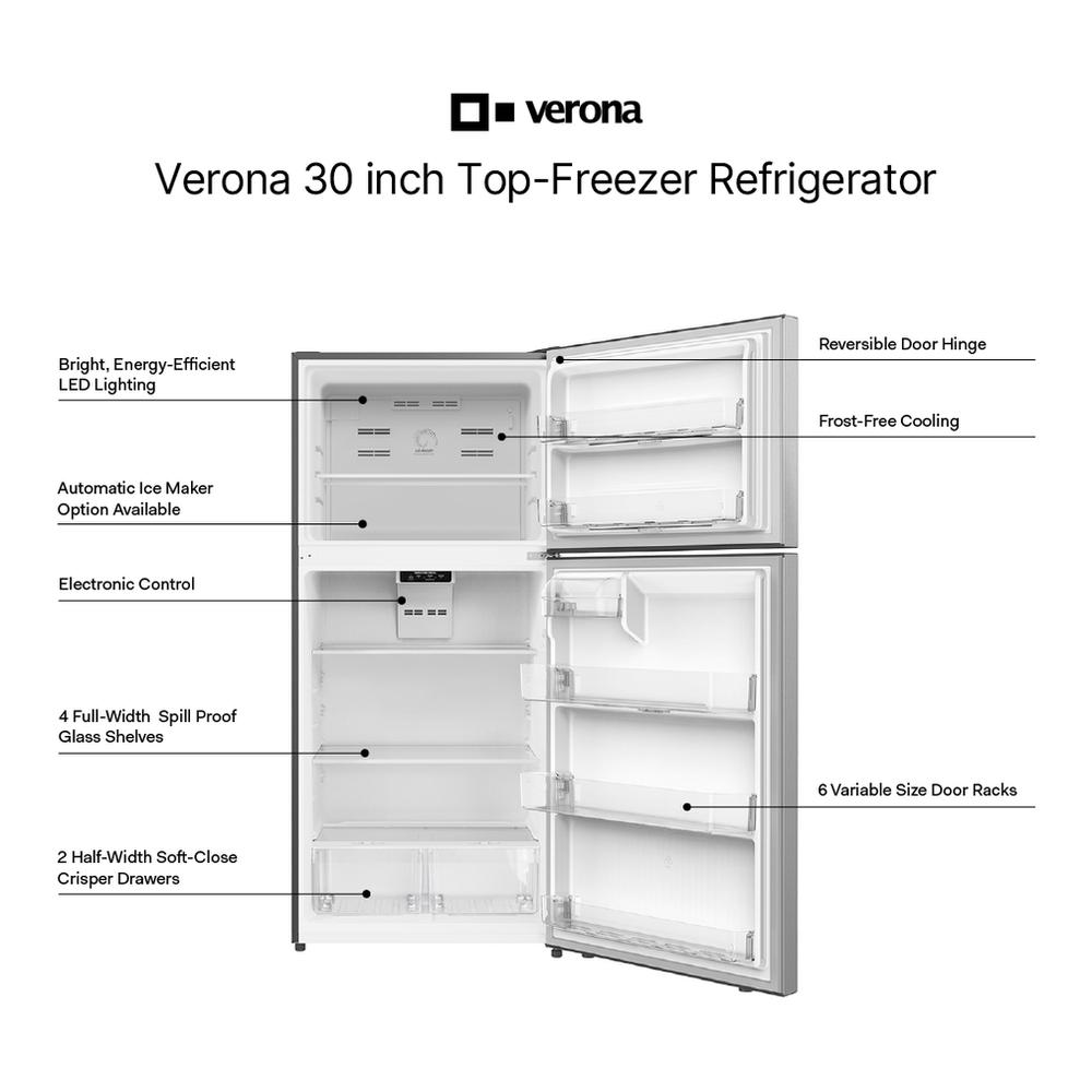 Verona VEFTF3018RWH 30 inch Top Freezer Refrigerator with 18.1 cu. ft. Total Capacity, LED Lighting, Reversible Doors, Gallon Door Storage, Recessed Handle, Energy Star (White)