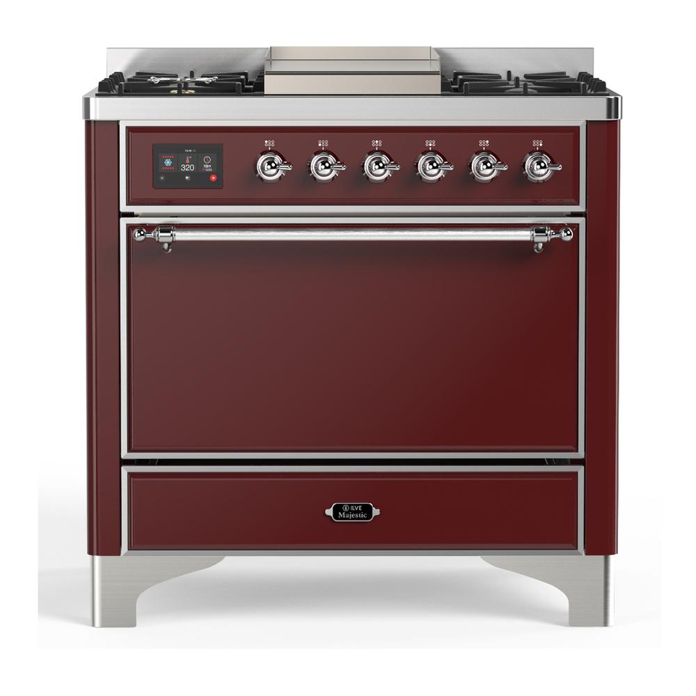 ILVE UM36FQNR3BUC Majestic III 36 inch Dual Fuel Range with 6 Black Brass Burners and Griddle, Dual Function Burner up to 25,000 BTU (Solid Door, Burgundy, Chrome, Natural Gas)