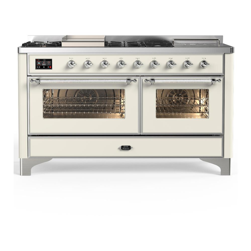 ILVE UM60FSNR3AWCLP Majestic III 60 inch Dual Fuel Range with 7 Burners, Griddle and French Top, Dual Function Burner with up to 25,000 BTU (Liquid Propane, Triple Glass Door, Antique White, Chrome)