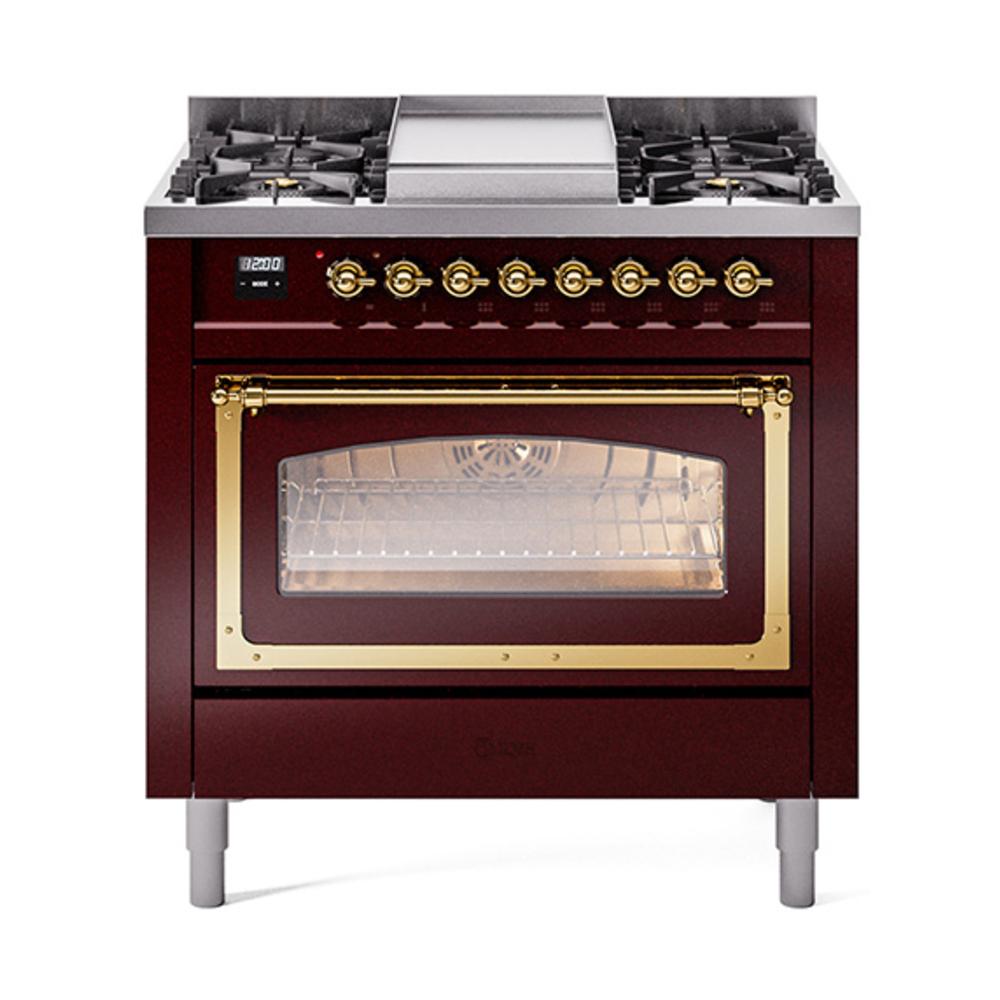 ILVE UN36FNMPBUG Nostalgie II Noblesse 36 inch Dual Fuel Range (Natural Gas, Triple Glass Door, Burgundy, Brass)
