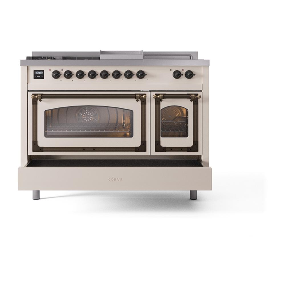 ILVE UN48FSNMPAWBLP Nostalgie II Noblesse 48 inch Dual Fuel Range (5 Sealed Burners + Griddle + French Top, Liquid Propane, Triple Glass Door, Antique White, Burnished)