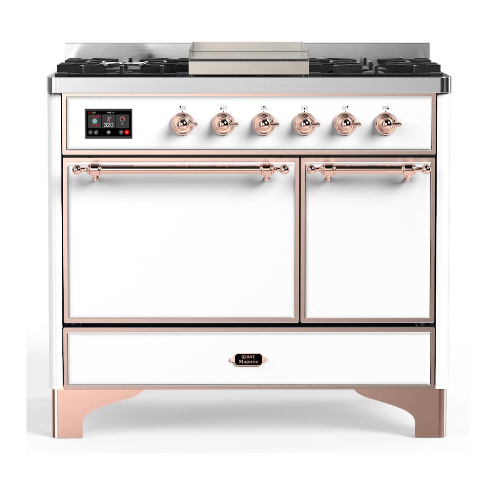 ILVE UMD40FQNR3WHP Majestic III 40 inch Dual Fuel Range with 6 Burners and Griddle, Dual Function Burner up to 25,000 BTU (Natural Gas, Solid Door, White, Copper)