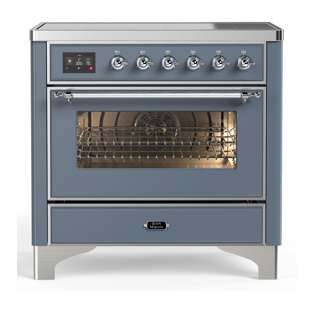 ILVE UMIB36NR3BGC Majestic III 36 inch Induction Range with 6 Elements, 3.5 cu. ft. Total Oven Capacity (Triple Glass Door, Blue Grey, Chrome)