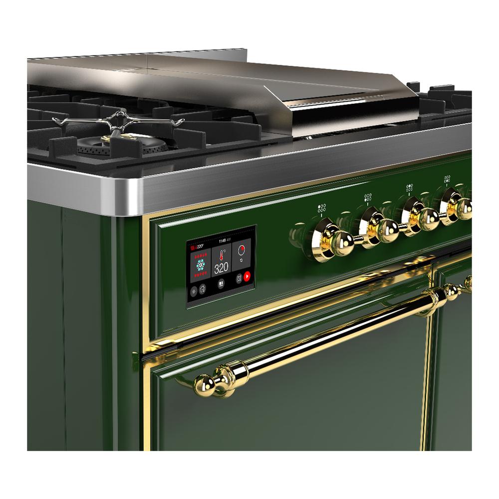 ILVE UMD40FQNR3EGG Majestic III 40 inch Dual Fuel Range with 6 Burners and Griddle, Dual Function Burner up to 25,000 BTU (Natural Gas, Solid Door, Emerald Green, Brass)