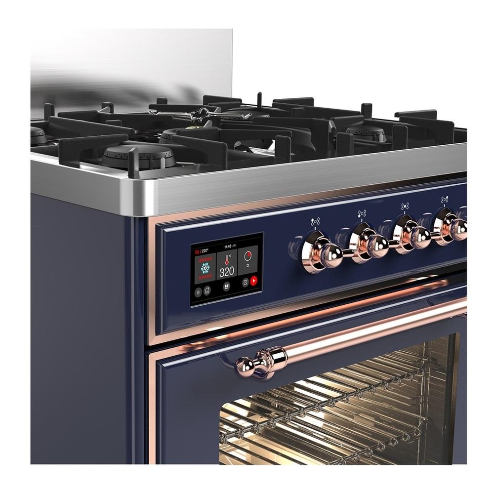 ILVE UM30NR3MBPLP Majestic III 30 inch Dual Fuel Range with 5 Black Brass Burners, Dual Function Burner up to 25,000 BTU (Liquid Propane, Triple Glass Door, Midnight Blue, Copper)