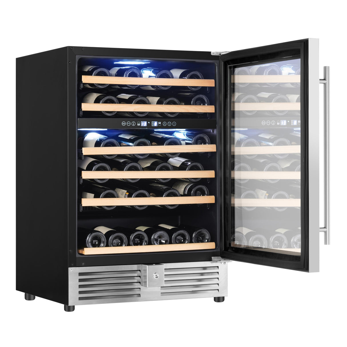 Avanti Dual-Zone Wine Cooler, 49 Bottle Capacity, in Stainless Steel with Wood Accent Shelving (WCR496DS)