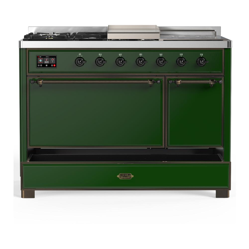ILVE UM48FSQNR3EGBLP Majestic III 48 inch Dual Fuel Range with 5 Black Brass Burners, Griddle and French Top, Dual Function Burner up to 25,000 BTU (Liquid Propane, Solid Door, Emerald Green, Burnished)