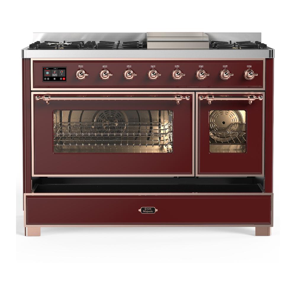 ILVE UM48FNR3BUPLP Majestic III 48 inch Dual Fuel Range with 8 Burners and Griddle, Dual Function Burner up to 25,000 BTU (Liquid Propane, Triple Glass Door, Burgundy, Copper)