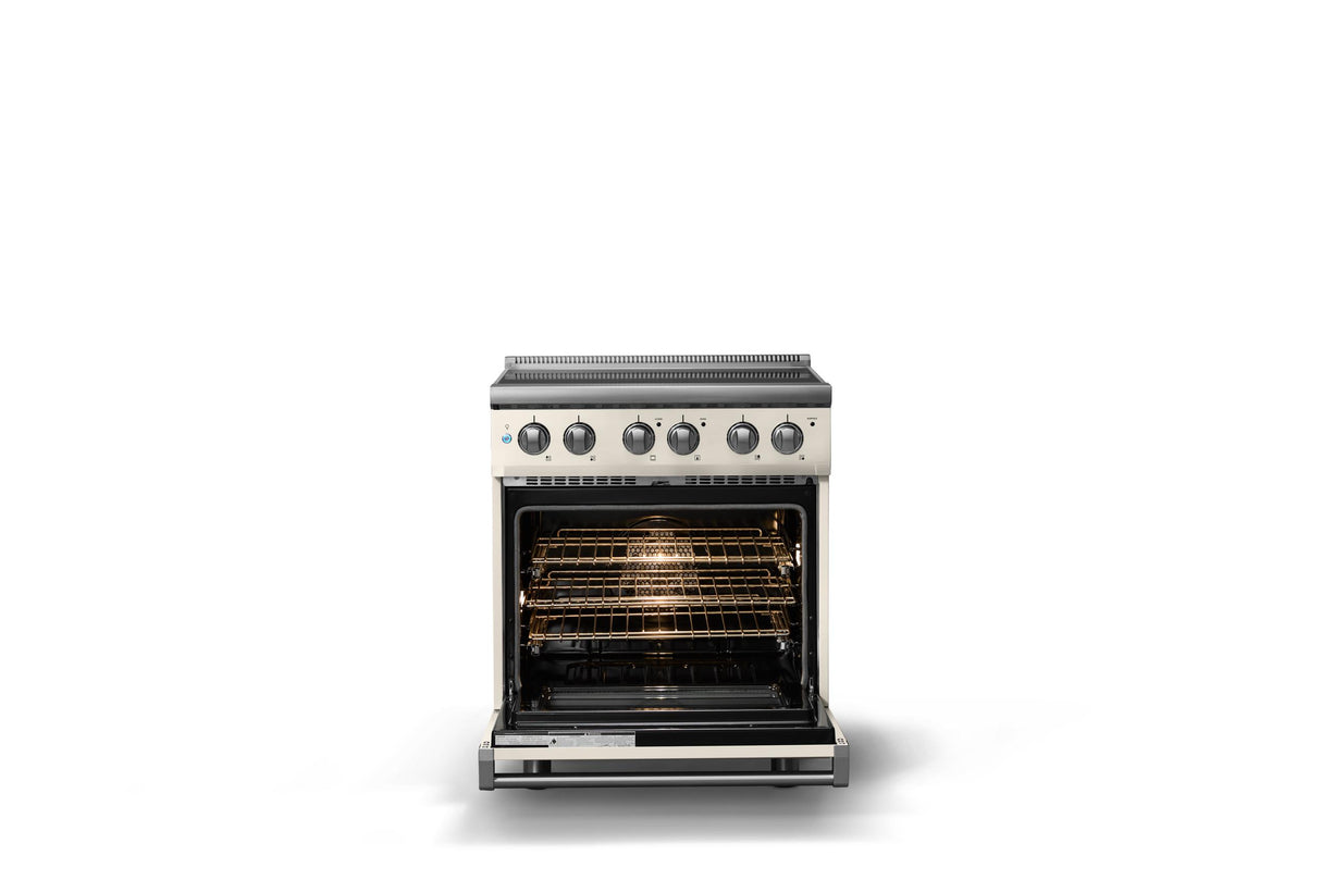 30"W. Electric Range (Finish: Pure White, Trim: Polished Chrome)