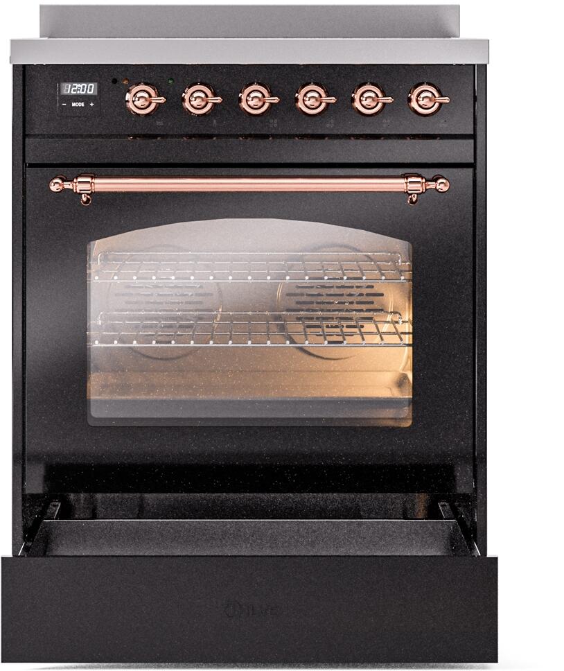 Nostalgie II 30 Inch Electric Freestanding Range in Glossy Black with Copper Trim