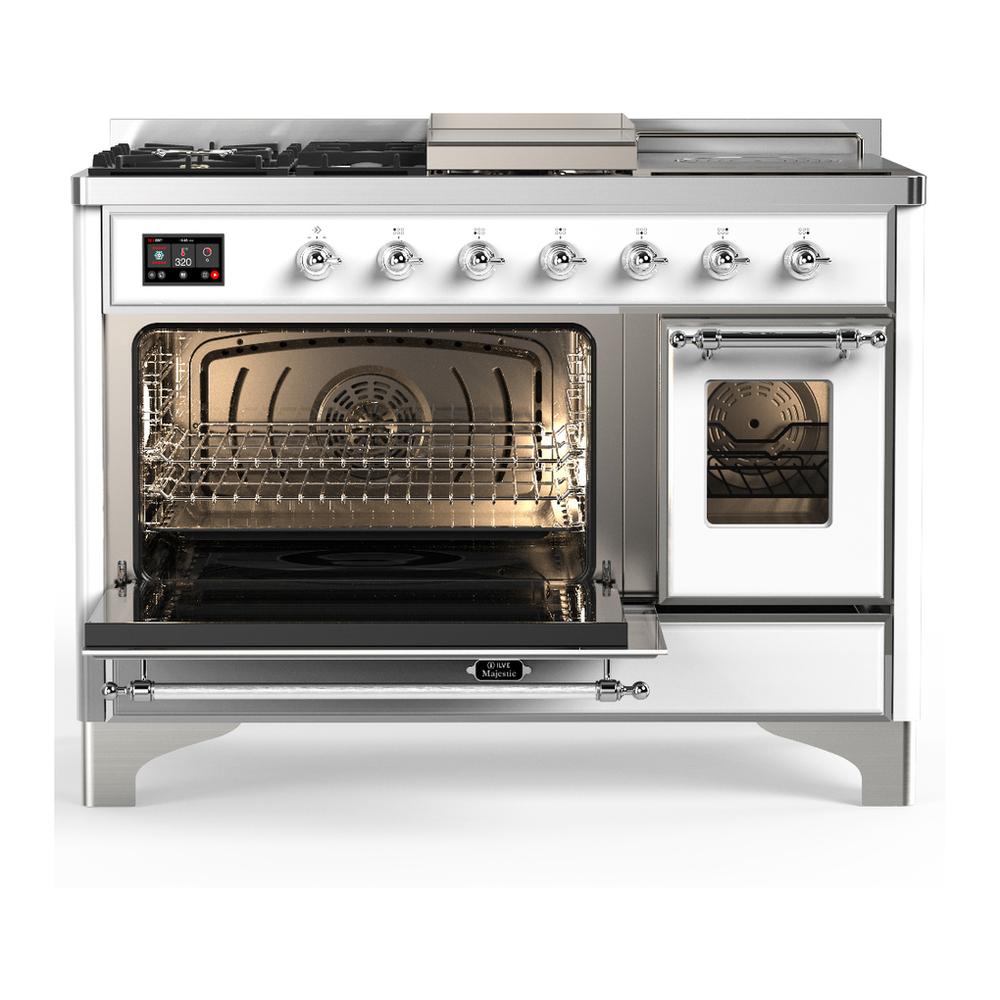 ILVE UM48FSNR3WHC Majestic III 48 inch Dual Fuel Range with 5 Black Brass Burners, Griddle and French Top, Dual Function Burner up to 25,000 BTU (Natural Gas, Triple Glass Door, White, Chrome)