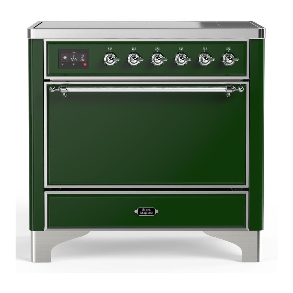 ILVE UMIB36QNR3EGC Majestic III 36 inch Induction Range with 6 Elements, 3.5 cu. ft. Total Oven Capacity (Solid Door, Emerald Green, Chrome)