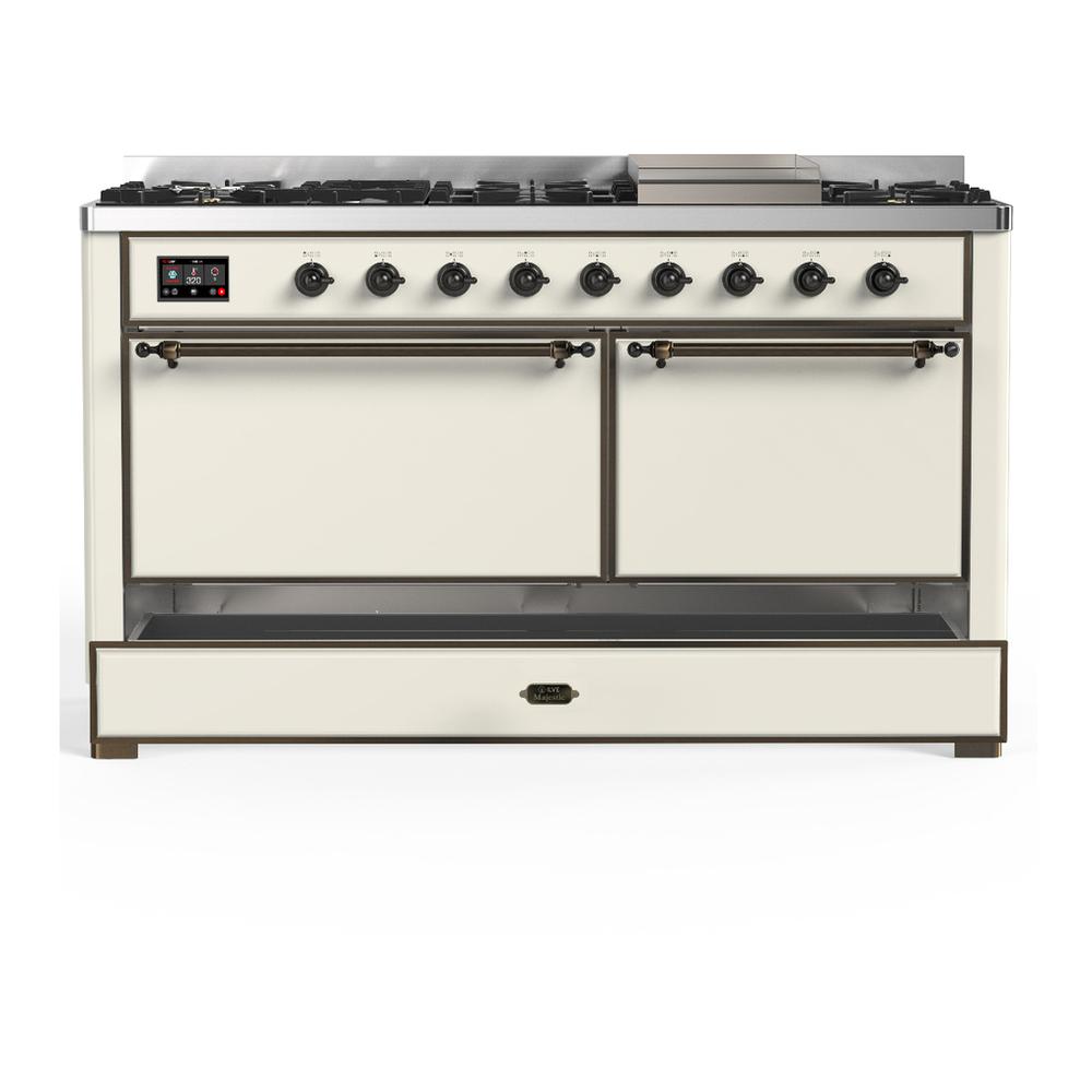 ILVE UM60FQNR3AWBLP Majestic III 60 inch Dual Fuel Range with 9 Burners and Griddle, Dual Function Burner up to 25,000 BTU (Liquid Propane, Solid Door, Antique White, Burnished)