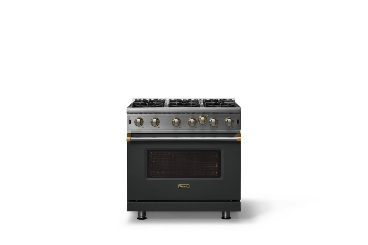 36"W. Open Burner Gas Range (Finish: Antique Bronze, Trim: Brushed Brass, Fuel: Propane)