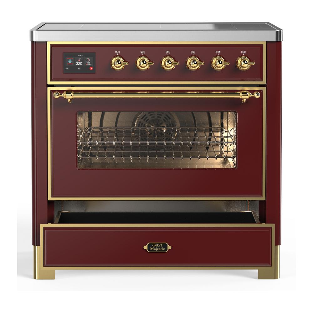 ILVE UMIB36NR3BUG Majestic III 36 inch Induction Range with 6 Elements, 3.5 cu. ft. Total Oven Capacity (Triple Glass Door, Burgundy, Brass)