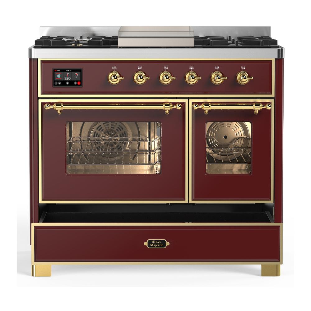 ILVE UMD40FNR3BUG Majestic III 40 inch Dual Fuel Range with 6 Burners and Griddle, Dual Function Burner up to 25,000 BTU (Natural Gas, Triple Glass Door, Burgundy, Brass)