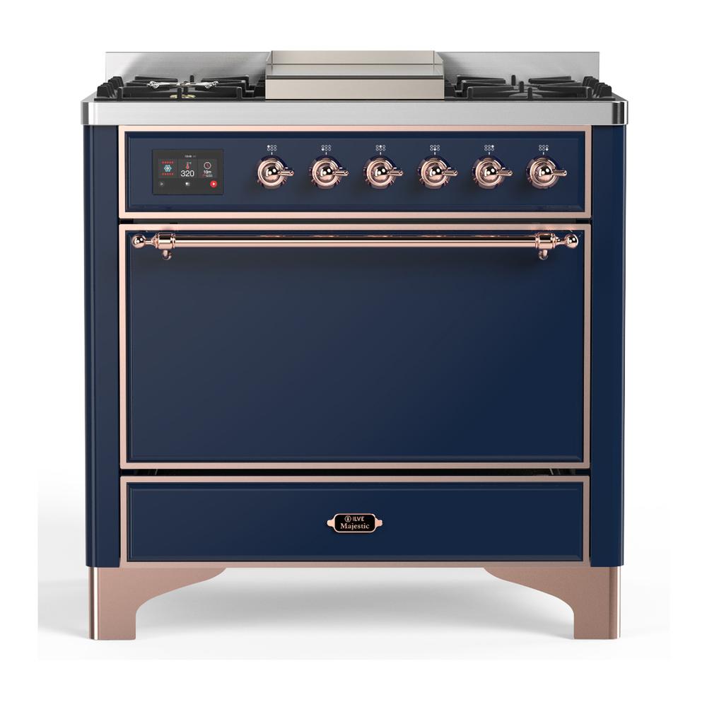 ILVE UM36FQNR3MBPLP Majestic III 36 inch Dual Fuel Range with 6 Black Brass Burners and Griddle, Dual Function Burner up to 25,000 BTU (Solid Door, Midnight Blue, Copper, Liquid Propane)