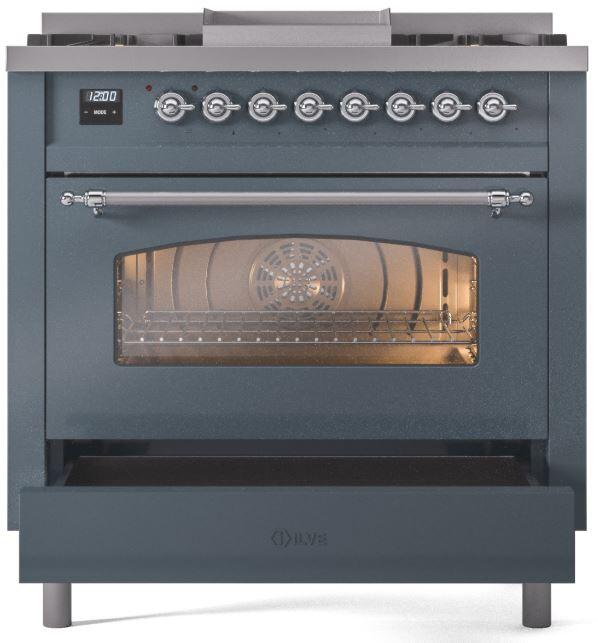 Nostalgie II 36 Inch Dual Fuel Natural Gas Freestanding Range in Blue Grey with Chrome Trim