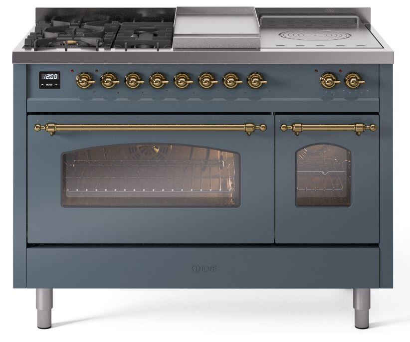 Nostalgie II 48 Inch Dual Fuel Natural Gas Freestanding Range in Blue Grey with Brass Trim